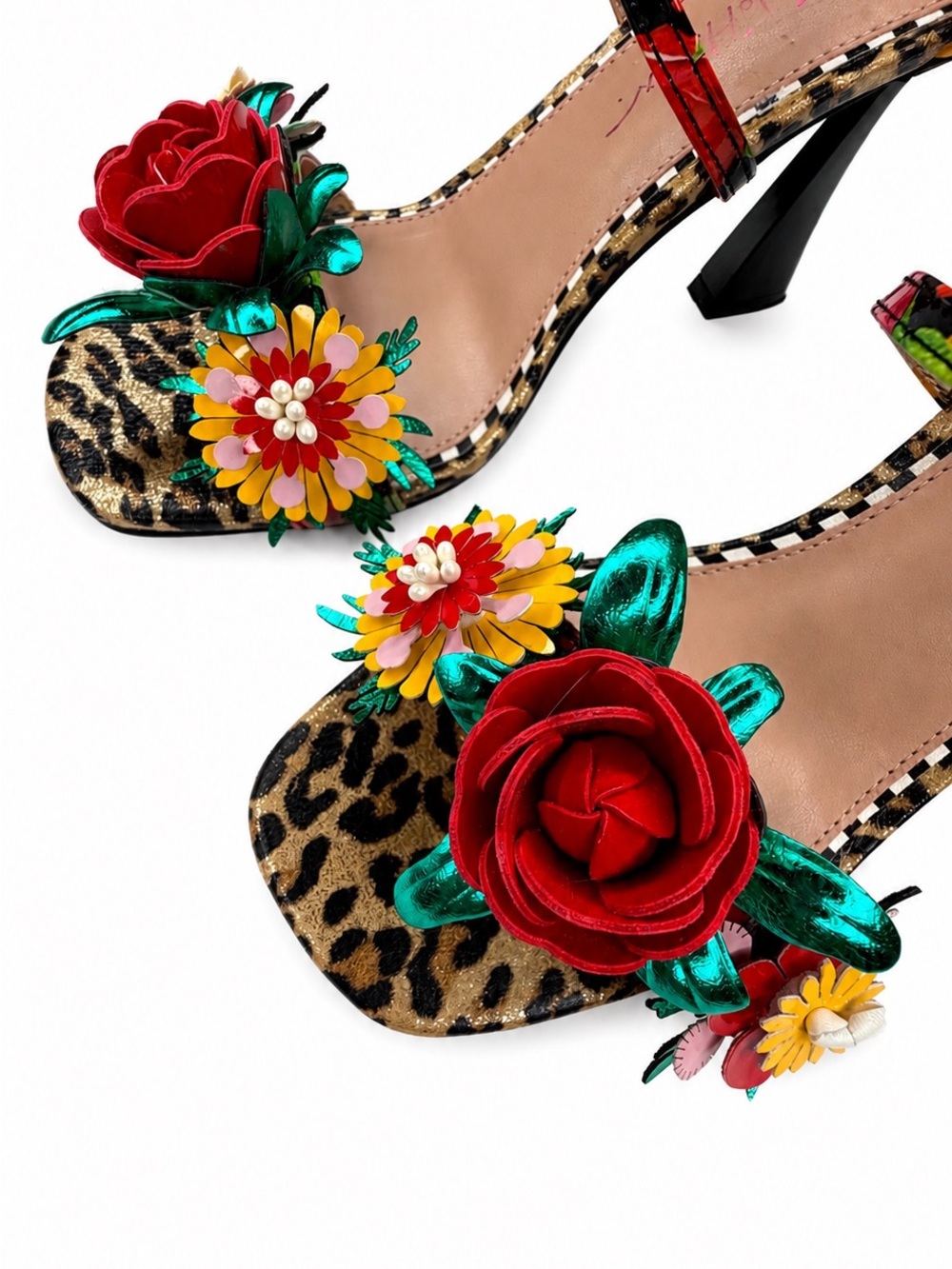 NWOT Betsey Johnson Floral Leopard Print Multicolor Floral Strappy Heel Sandals - Picture 3 of 14